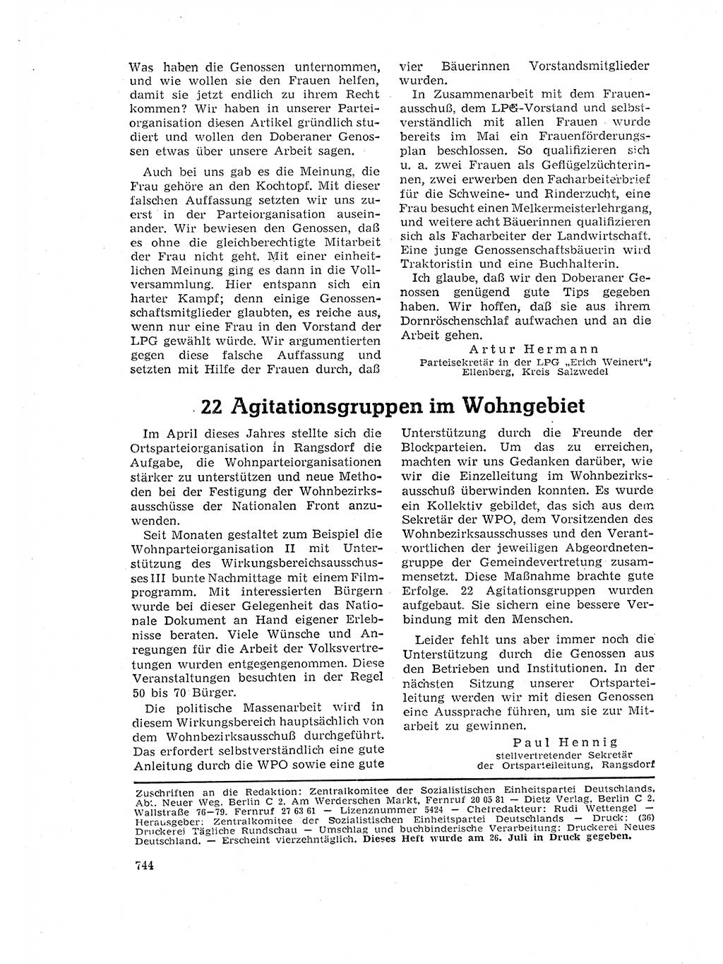 Neuer Weg (NW), Organ des Zentralkomitees (ZK) der SED (Sozialistische Einheitspartei Deutschlands) für Fragen des Parteilebens, 17. Jahrgang [Deutsche Demokratische Republik (DDR)] 1962, Seite 744 (NW ZK SED DDR 1962, S. 744)