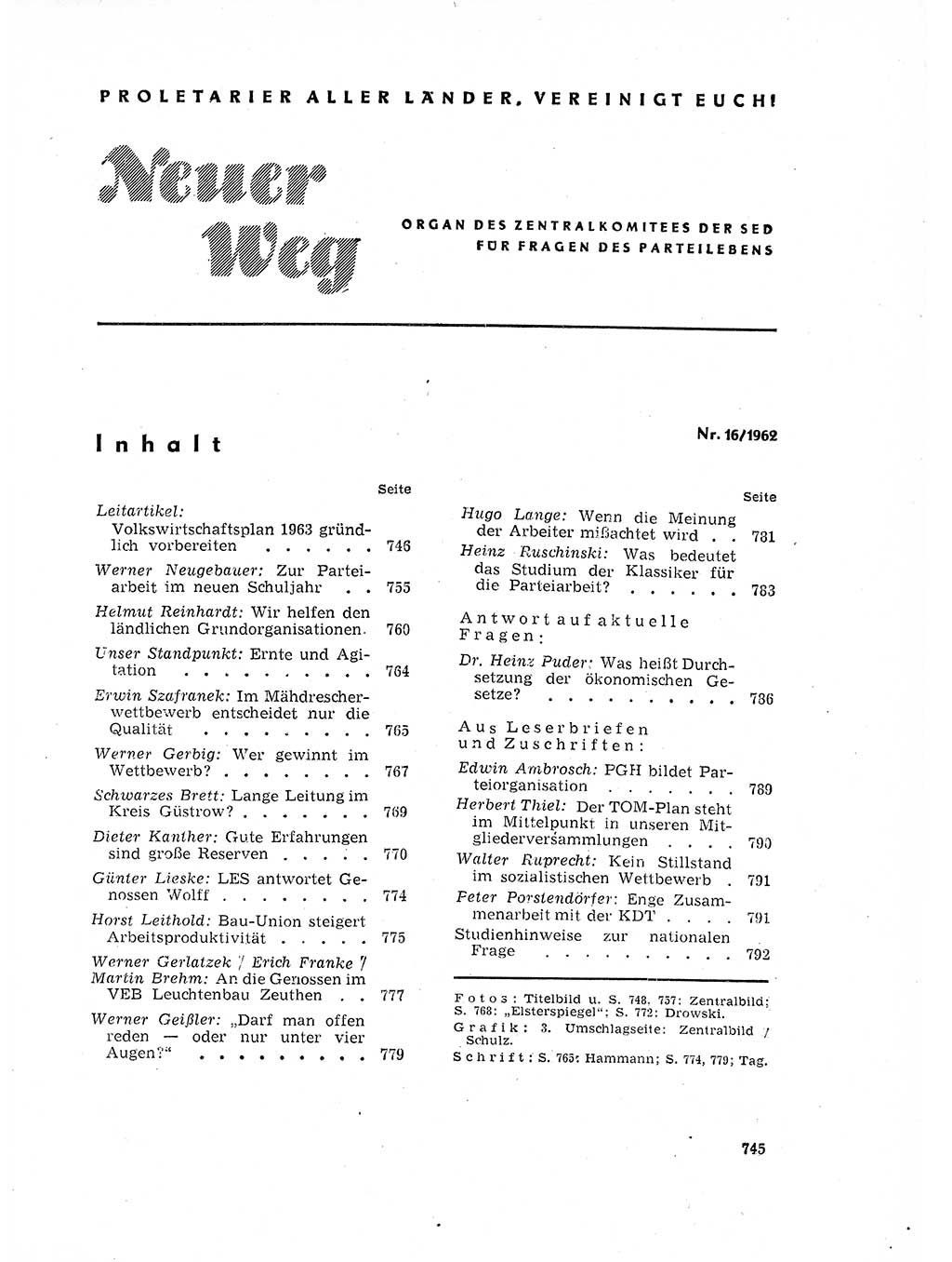 Neuer Weg (NW), Organ des Zentralkomitees (ZK) der SED (Sozialistische Einheitspartei Deutschlands) für Fragen des Parteilebens, 17. Jahrgang [Deutsche Demokratische Republik (DDR)] 1962, Seite 745 (NW ZK SED DDR 1962, S. 745)