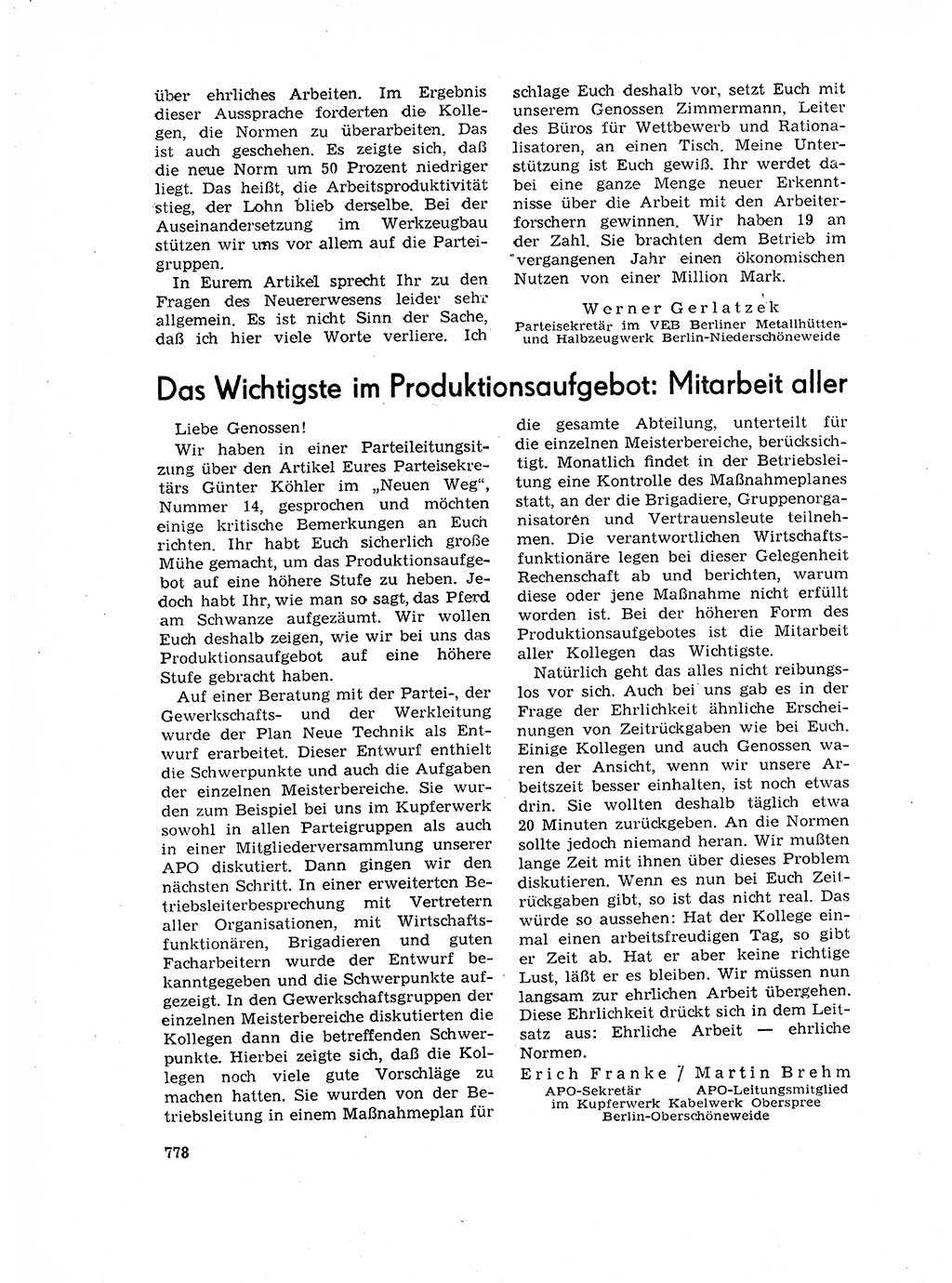 Neuer Weg (NW), Organ des Zentralkomitees (ZK) der SED (Sozialistische Einheitspartei Deutschlands) für Fragen des Parteilebens, 17. Jahrgang [Deutsche Demokratische Republik (DDR)] 1962, Seite 778 (NW ZK SED DDR 1962, S. 778)