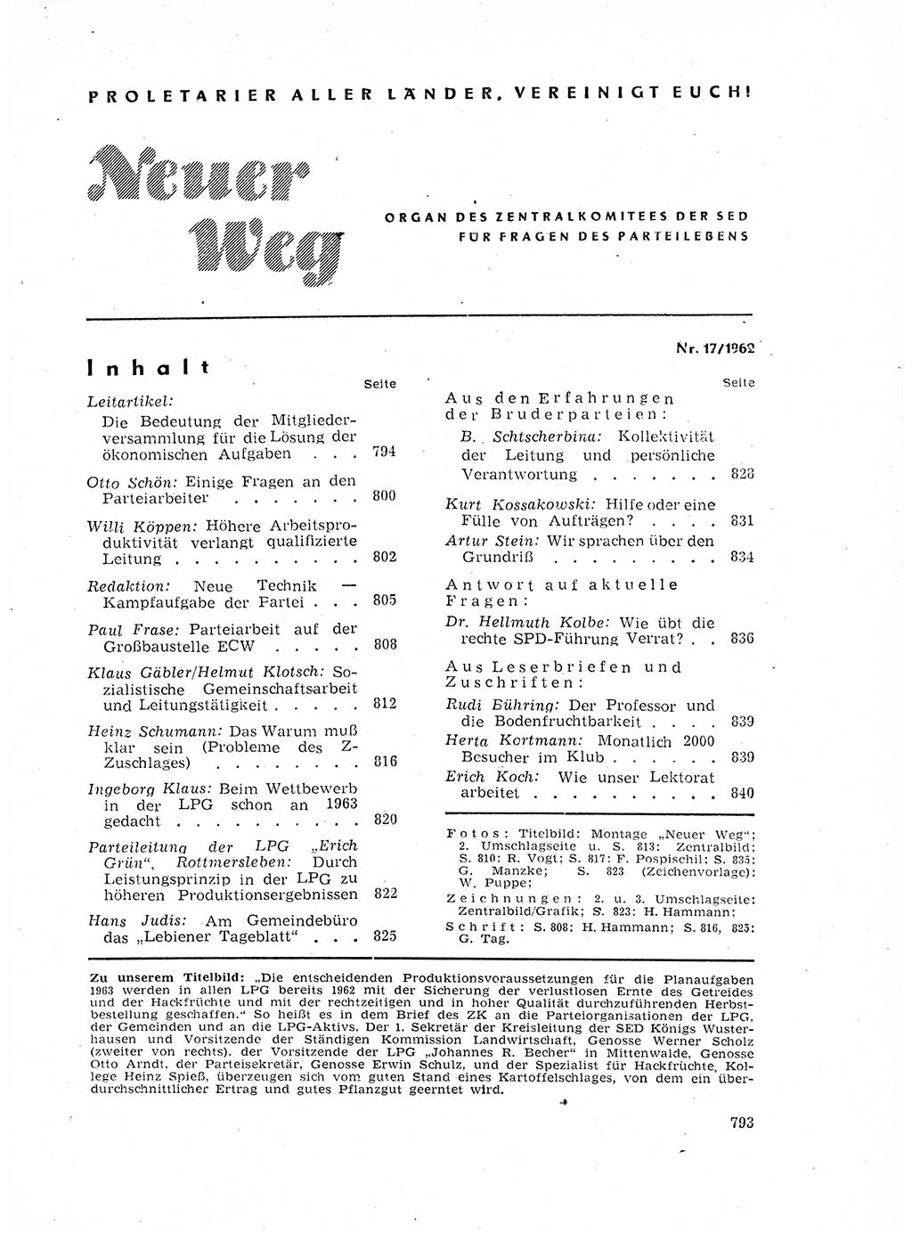 Neuer Weg (NW), Organ des Zentralkomitees (ZK) der SED (Sozialistische Einheitspartei Deutschlands) für Fragen des Parteilebens, 17. Jahrgang [Deutsche Demokratische Republik (DDR)] 1962, Seite 793 (NW ZK SED DDR 1962, S. 793)