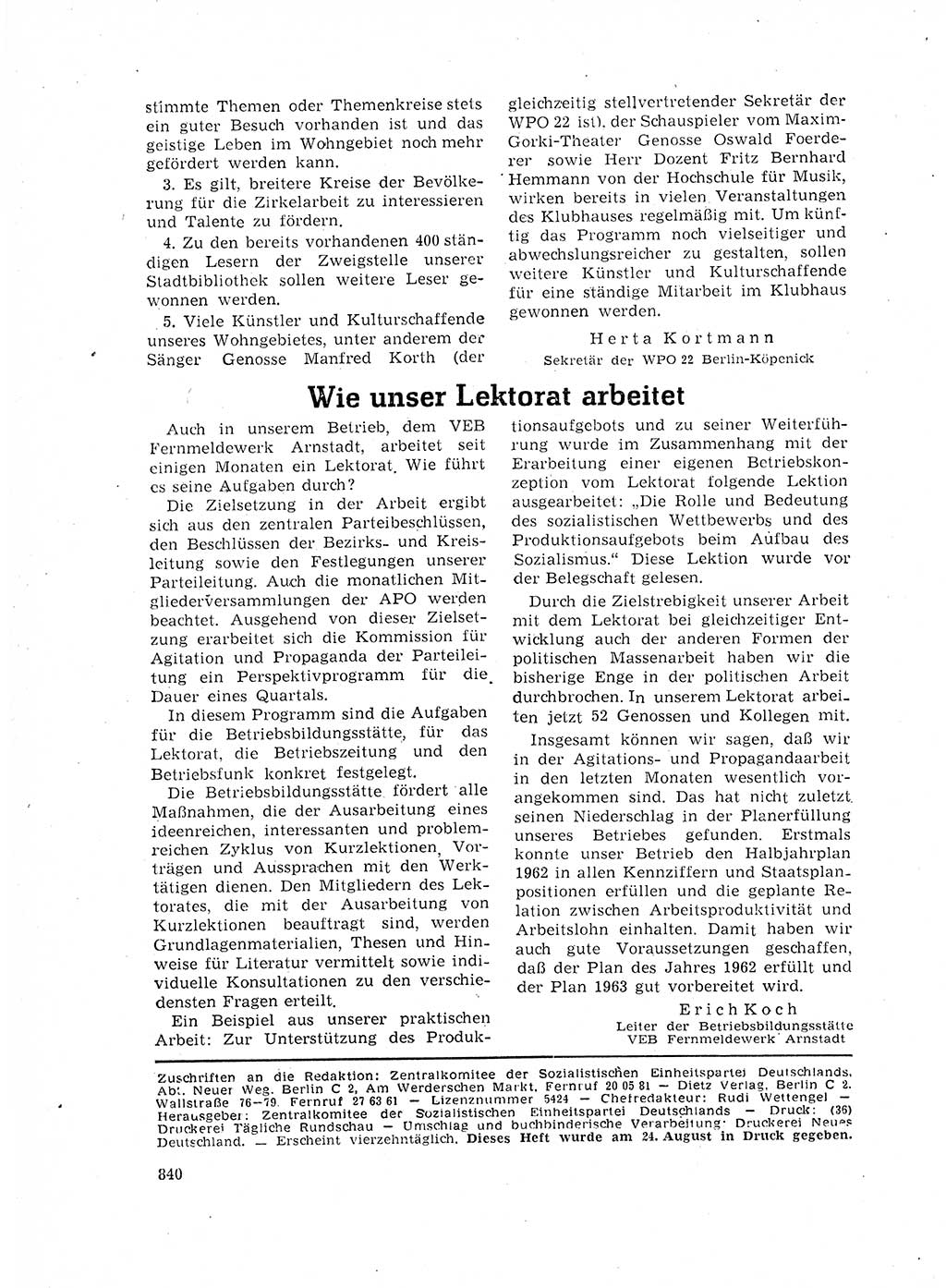 Neuer Weg (NW), Organ des Zentralkomitees (ZK) der SED (Sozialistische Einheitspartei Deutschlands) für Fragen des Parteilebens, 17. Jahrgang [Deutsche Demokratische Republik (DDR)] 1962, Seite 840 (NW ZK SED DDR 1962, S. 840)