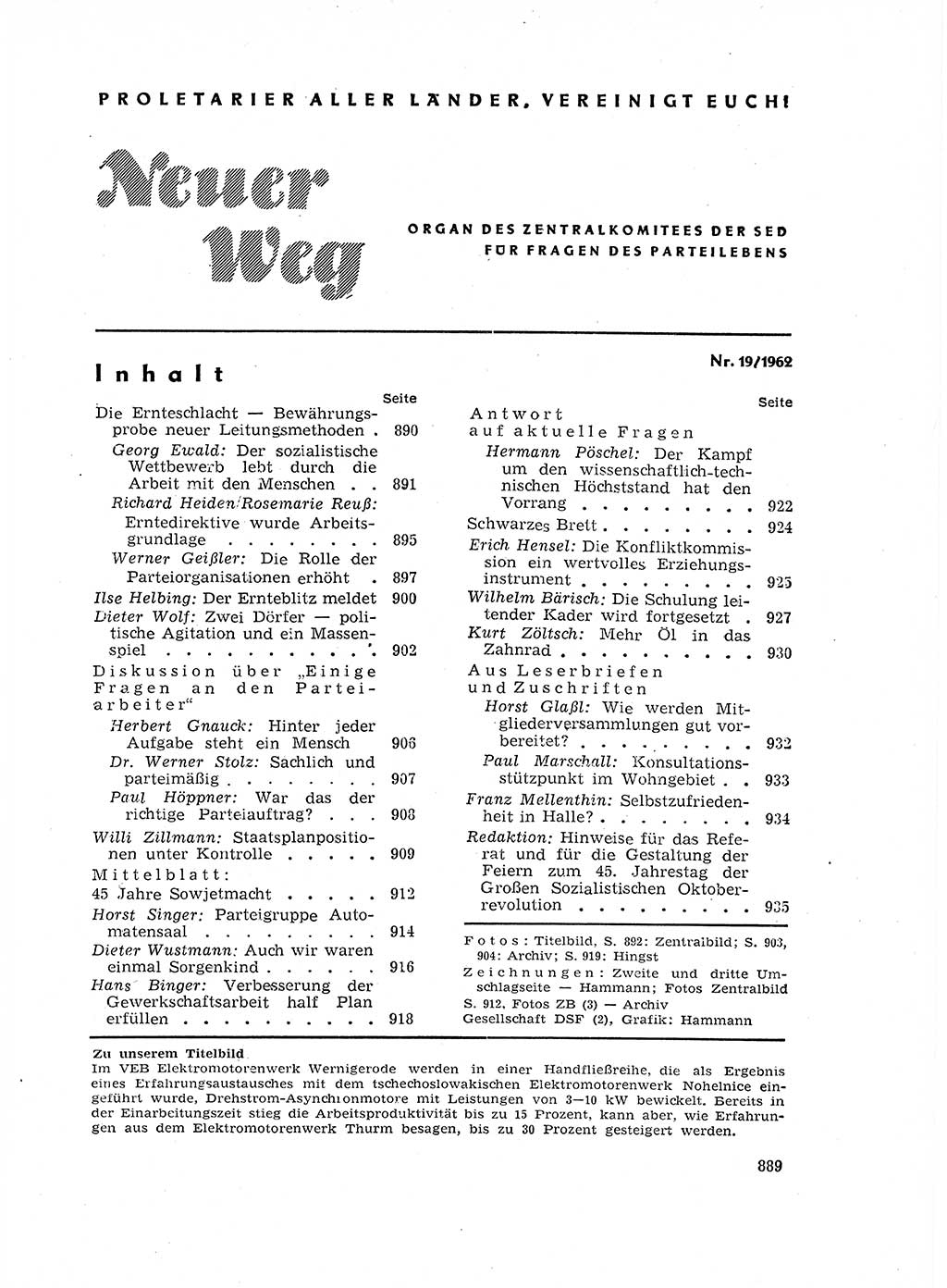 Neuer Weg (NW), Organ des Zentralkomitees (ZK) der SED (Sozialistische Einheitspartei Deutschlands) für Fragen des Parteilebens, 17. Jahrgang [Deutsche Demokratische Republik (DDR)] 1962, Seite 889 (NW ZK SED DDR 1962, S. 889)