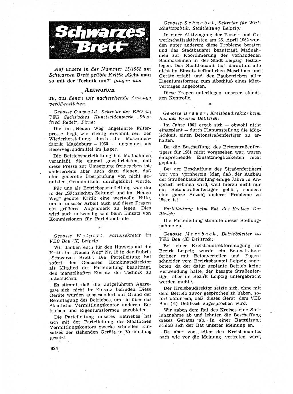 Neuer Weg (NW), Organ des Zentralkomitees (ZK) der SED (Sozialistische Einheitspartei Deutschlands) für Fragen des Parteilebens, 17. Jahrgang [Deutsche Demokratische Republik (DDR)] 1962, Seite 924 (NW ZK SED DDR 1962, S. 924)