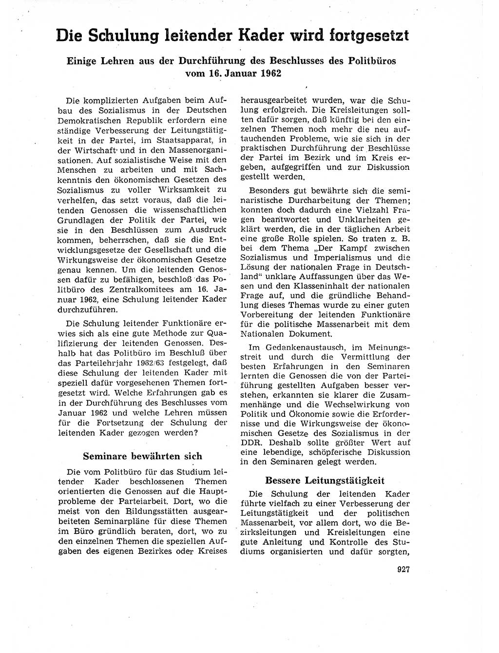 Neuer Weg (NW), Organ des Zentralkomitees (ZK) der SED (Sozialistische Einheitspartei Deutschlands) für Fragen des Parteilebens, 17. Jahrgang [Deutsche Demokratische Republik (DDR)] 1962, Seite 927 (NW ZK SED DDR 1962, S. 927)