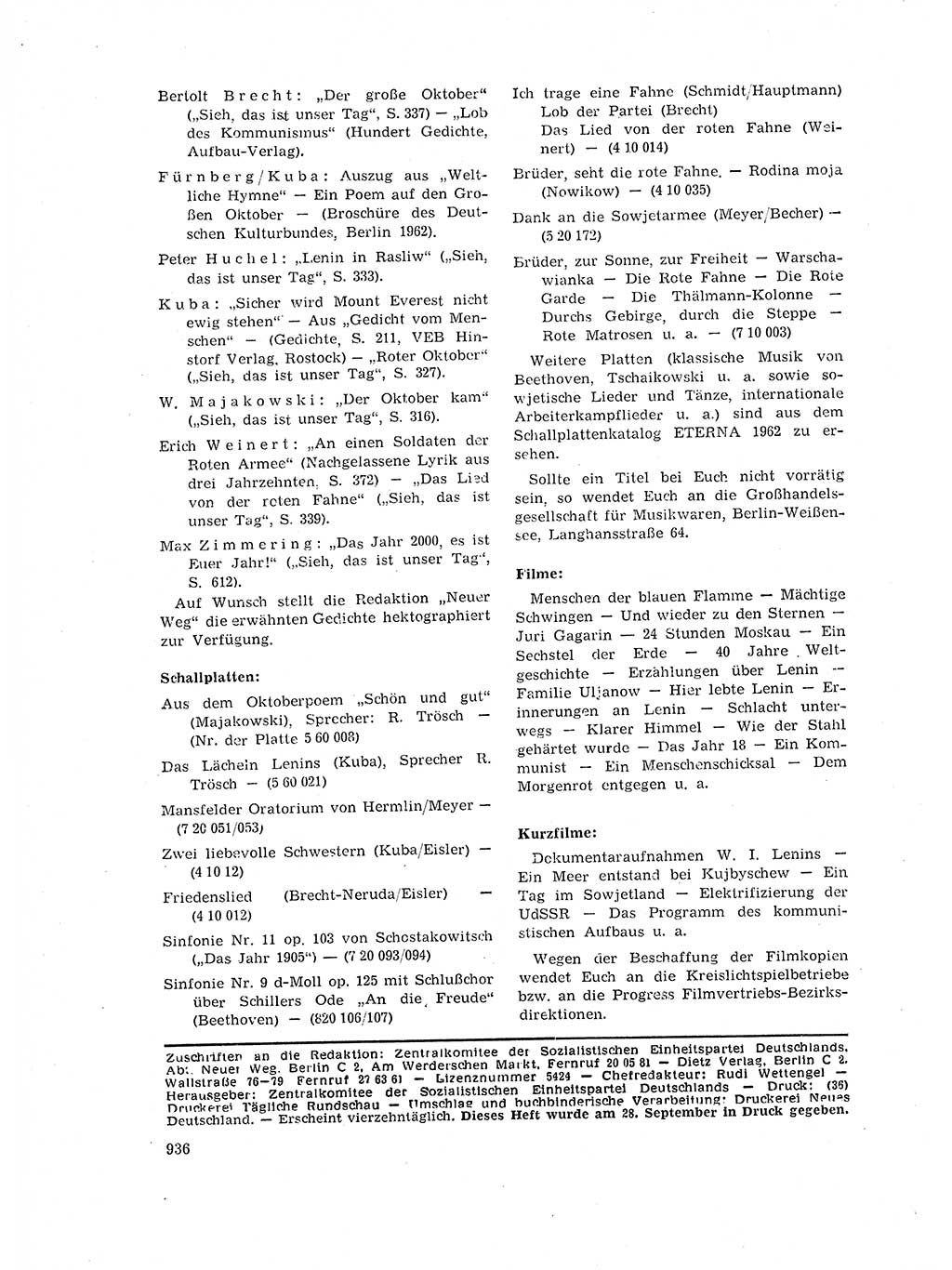 Neuer Weg (NW), Organ des Zentralkomitees (ZK) der SED (Sozialistische Einheitspartei Deutschlands) für Fragen des Parteilebens, 17. Jahrgang [Deutsche Demokratische Republik (DDR)] 1962, Seite 936 (NW ZK SED DDR 1962, S. 936)