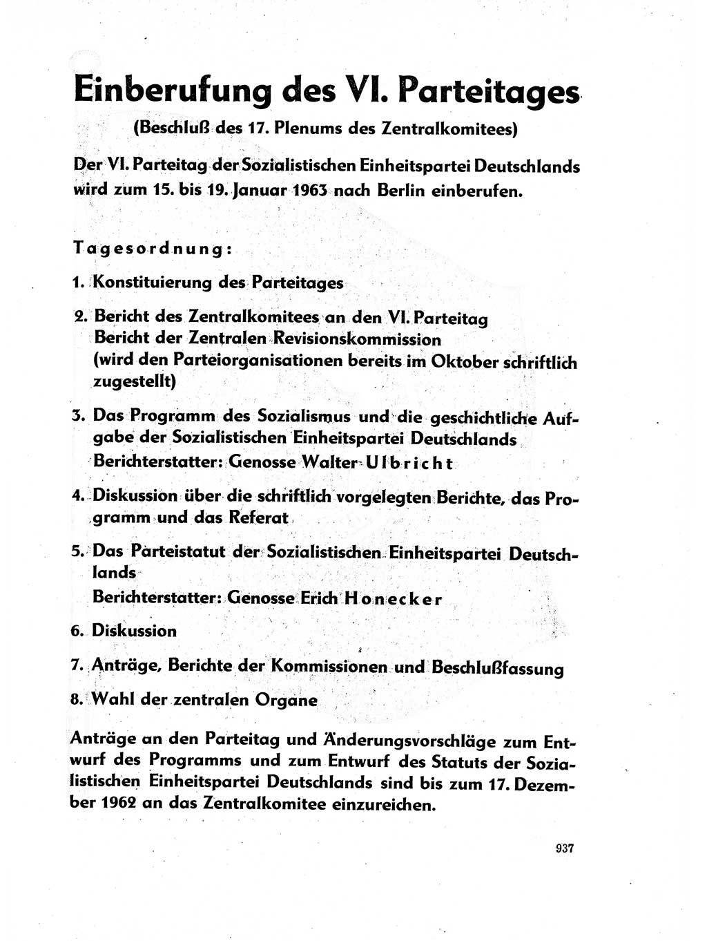 Neuer Weg (NW), Organ des Zentralkomitees (ZK) der SED (Sozialistische Einheitspartei Deutschlands) für Fragen des Parteilebens, 17. Jahrgang [Deutsche Demokratische Republik (DDR)] 1962, Seite 937 (NW ZK SED DDR 1962, S. 937)