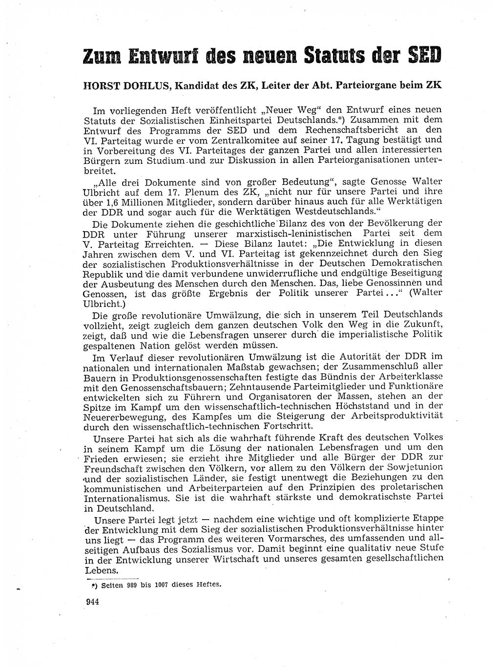 Neuer Weg (NW), Organ des Zentralkomitees (ZK) der SED (Sozialistische Einheitspartei Deutschlands) für Fragen des Parteilebens, 17. Jahrgang [Deutsche Demokratische Republik (DDR)] 1962, Seite 944 (NW ZK SED DDR 1962, S. 944)