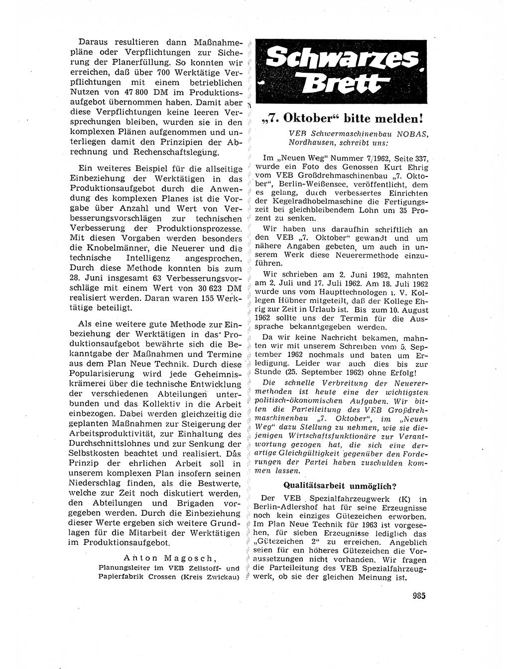 Neuer Weg (NW), Organ des Zentralkomitees (ZK) der SED (Sozialistische Einheitspartei Deutschlands) für Fragen des Parteilebens, 17. Jahrgang [Deutsche Demokratische Republik (DDR)] 1962, Seite 985 (NW ZK SED DDR 1962, S. 985)