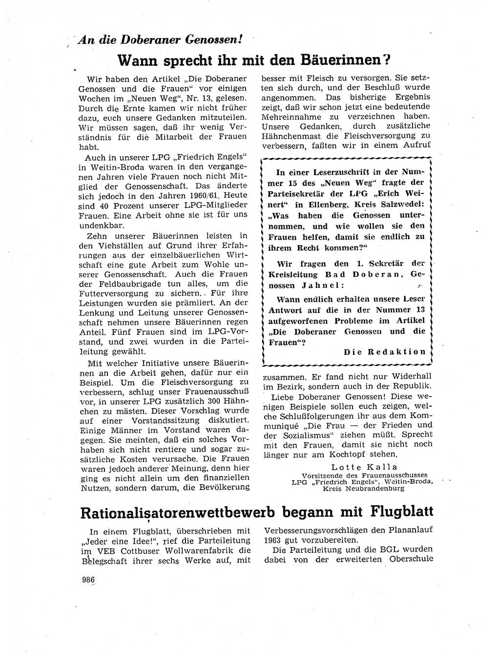 Neuer Weg (NW), Organ des Zentralkomitees (ZK) der SED (Sozialistische Einheitspartei Deutschlands) für Fragen des Parteilebens, 17. Jahrgang [Deutsche Demokratische Republik (DDR)] 1962, Seite 986 (NW ZK SED DDR 1962, S. 986)