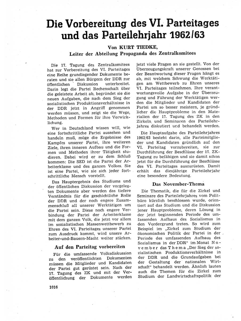 Neuer Weg (NW), Organ des Zentralkomitees (ZK) der SED (Sozialistische Einheitspartei Deutschlands) für Fragen des Parteilebens, 17. Jahrgang [Deutsche Demokratische Republik (DDR)] 1962, Seite 1016 (NW ZK SED DDR 1962, S. 1016)