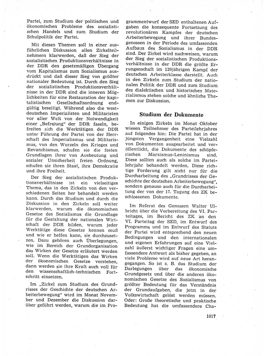 Neuer Weg (NW), Organ des Zentralkomitees (ZK) der SED (Sozialistische Einheitspartei Deutschlands) für Fragen des Parteilebens, 17. Jahrgang [Deutsche Demokratische Republik (DDR)] 1962, Seite 1017 (NW ZK SED DDR 1962, S. 1017)