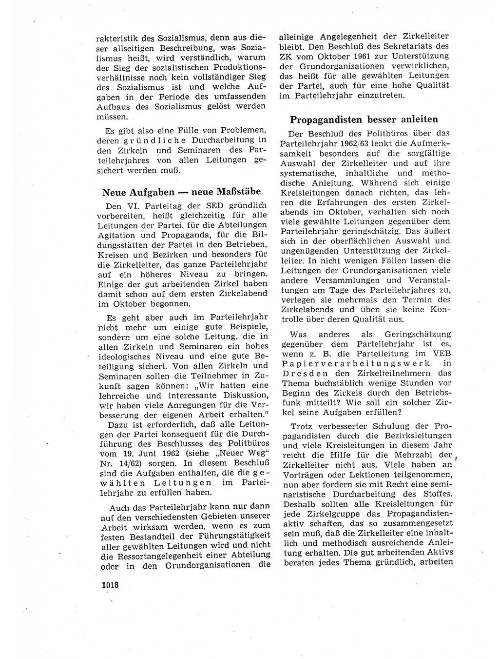 Neuer Weg (NW), Organ des Zentralkomitees (ZK) der SED (Sozialistische Einheitspartei Deutschlands) für Fragen des Parteilebens, 17. Jahrgang [Deutsche Demokratische Republik (DDR)] 1962, Seite 1018 (NW ZK SED DDR 1962, S. 1018)