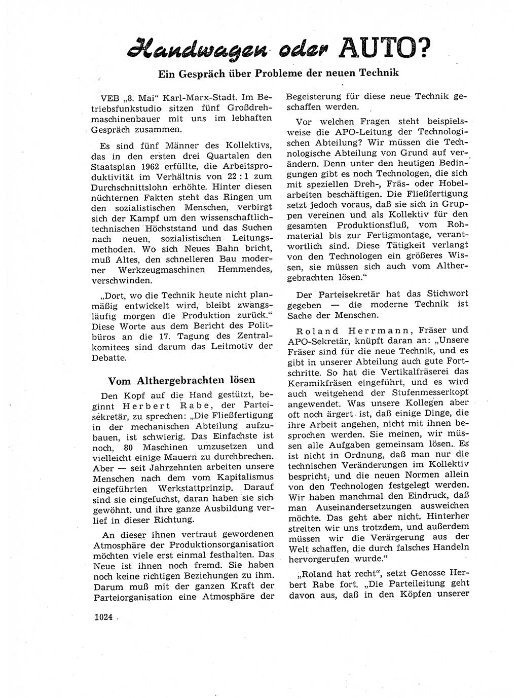 Neuer Weg (NW), Organ des Zentralkomitees (ZK) der SED (Sozialistische Einheitspartei Deutschlands) für Fragen des Parteilebens, 17. Jahrgang [Deutsche Demokratische Republik (DDR)] 1962, Seite 1024 (NW ZK SED DDR 1962, S. 1024)