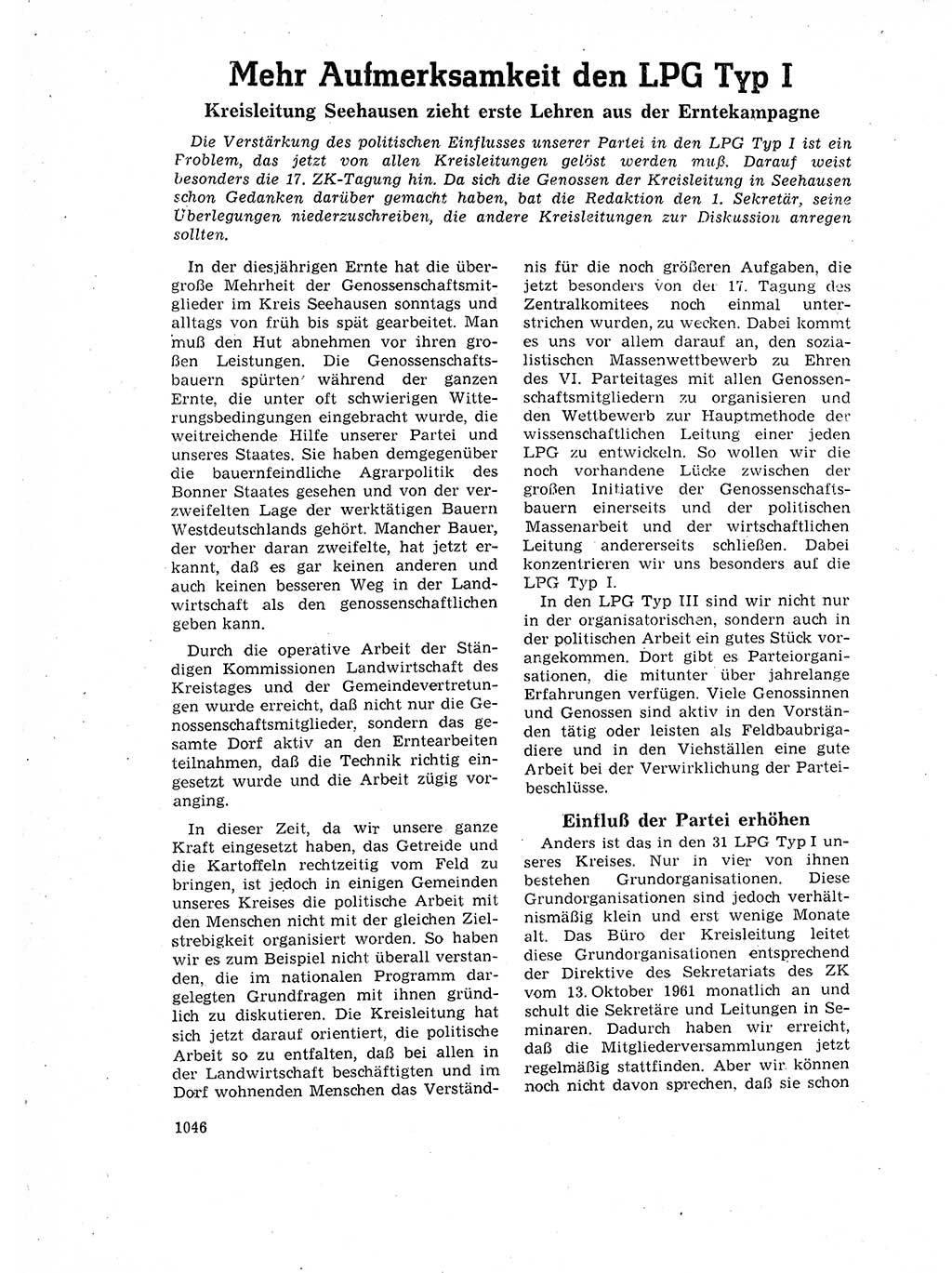Neuer Weg (NW), Organ des Zentralkomitees (ZK) der SED (Sozialistische Einheitspartei Deutschlands) für Fragen des Parteilebens, 17. Jahrgang [Deutsche Demokratische Republik (DDR)] 1962, Seite 1046 (NW ZK SED DDR 1962, S. 1046)