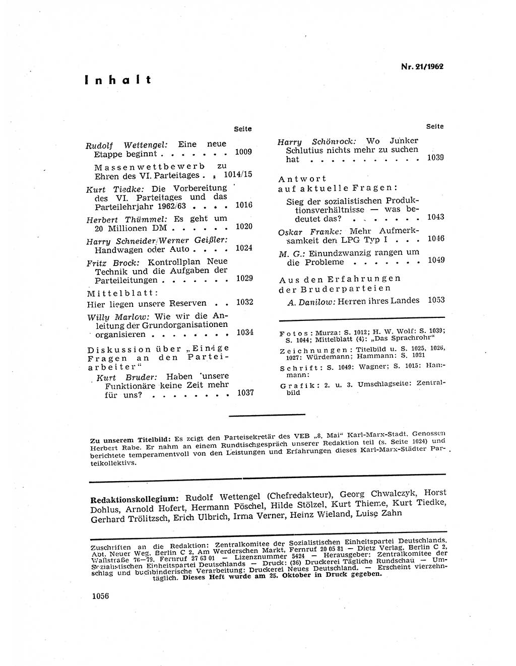 Neuer Weg (NW), Organ des Zentralkomitees (ZK) der SED (Sozialistische Einheitspartei Deutschlands) fÃ¼r Fragen des Parteilebens, 17. Jahrgang [Deutsche Demokratische Republik (DDR)] 1962, Seite 1056 (NW ZK SED DDR 1962, S. 1056)
