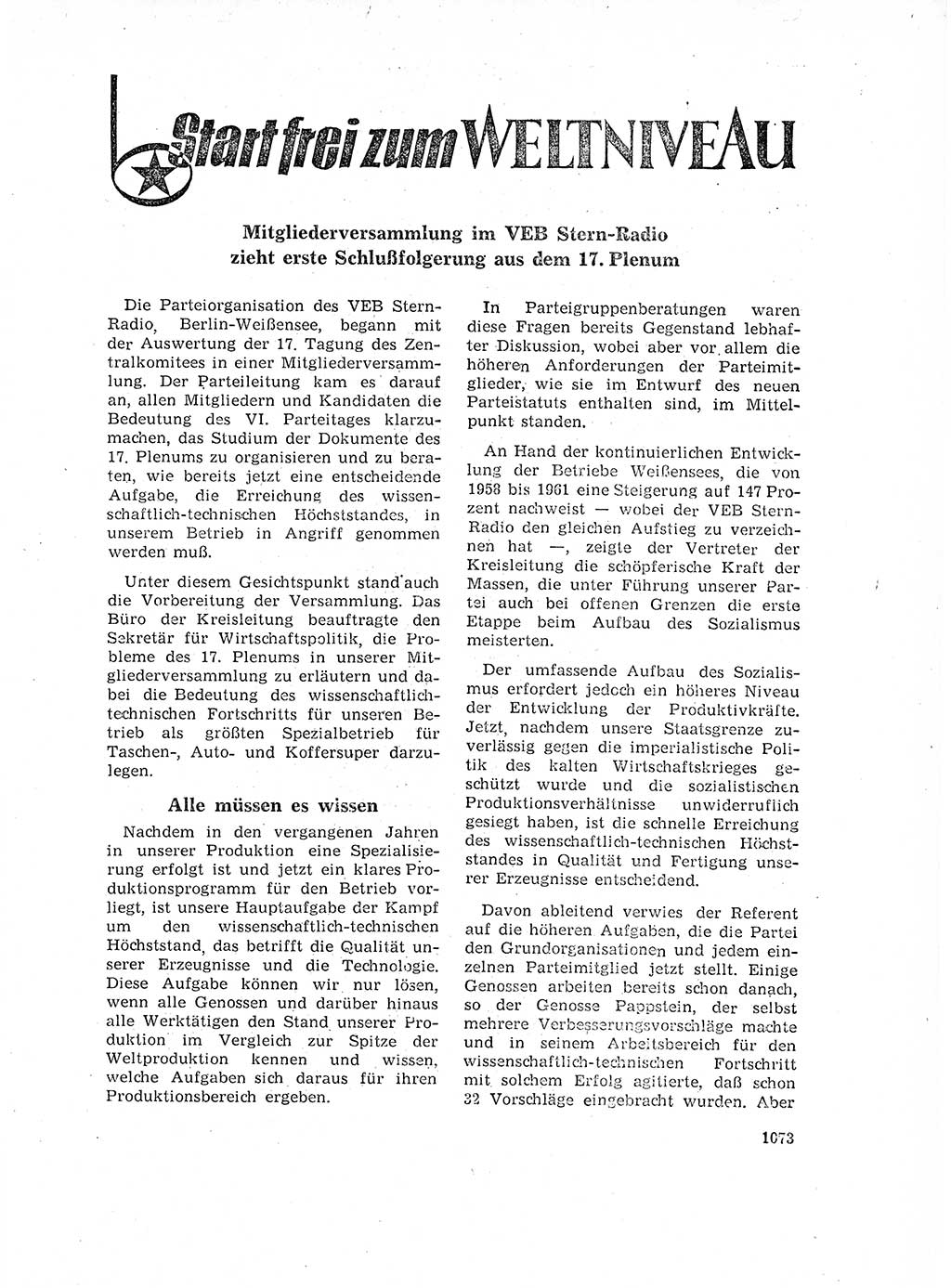 Neuer Weg (NW), Organ des Zentralkomitees (ZK) der SED (Sozialistische Einheitspartei Deutschlands) für Fragen des Parteilebens, 17. Jahrgang [Deutsche Demokratische Republik (DDR)] 1962, Seite 1073 (NW ZK SED DDR 1962, S. 1073)