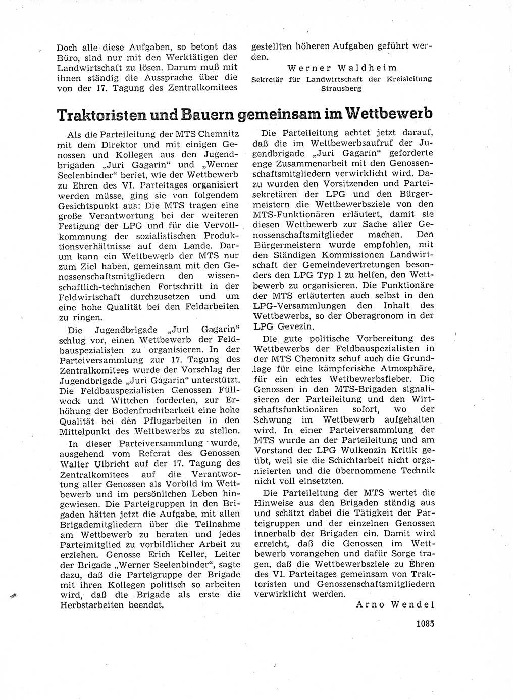 Neuer Weg (NW), Organ des Zentralkomitees (ZK) der SED (Sozialistische Einheitspartei Deutschlands) für Fragen des Parteilebens, 17. Jahrgang [Deutsche Demokratische Republik (DDR)] 1962, Seite 1085 (NW ZK SED DDR 1962, S. 1085)