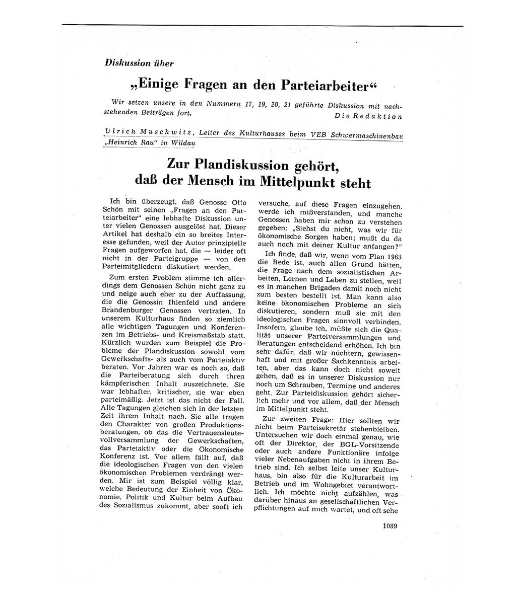 Neuer Weg (NW), Organ des Zentralkomitees (ZK) der SED (Sozialistische Einheitspartei Deutschlands) für Fragen des Parteilebens, 17. Jahrgang [Deutsche Demokratische Republik (DDR)] 1962, Seite 1089 (NW ZK SED DDR 1962, S. 1089)