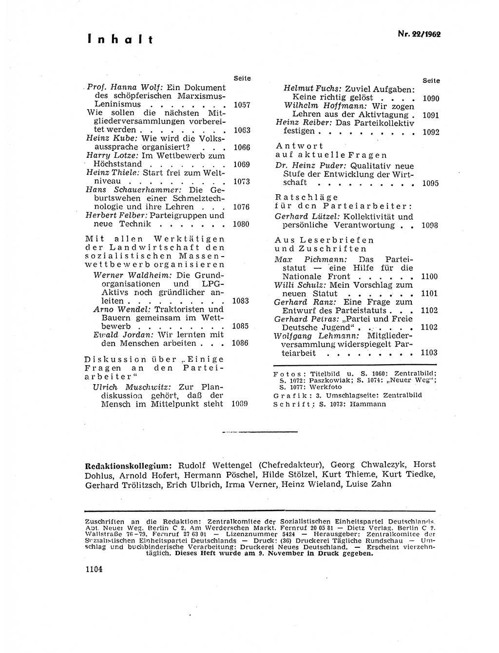 Neuer Weg (NW), Organ des Zentralkomitees (ZK) der SED (Sozialistische Einheitspartei Deutschlands) für Fragen des Parteilebens, 17. Jahrgang [Deutsche Demokratische Republik (DDR)] 1962, Seite 1104 (NW ZK SED DDR 1962, S. 1104)
