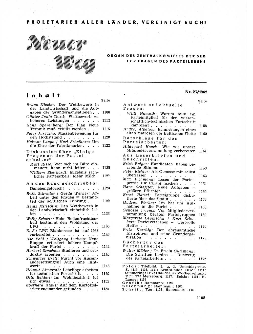 Neuer Weg (NW), Organ des Zentralkomitees (ZK) der SED (Sozialistische Einheitspartei Deutschlands) für Fragen des Parteilebens, 17. Jahrgang [Deutsche Demokratische Republik (DDR)] 1962, Seite 1105 (NW ZK SED DDR 1962, S. 1105)