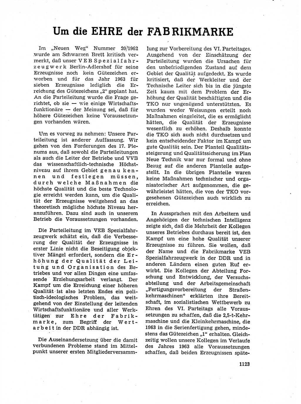 Neuer Weg (NW), Organ des Zentralkomitees (ZK) der SED (Sozialistische Einheitspartei Deutschlands) für Fragen des Parteilebens, 17. Jahrgang [Deutsche Demokratische Republik (DDR)] 1962, Seite 1123 (NW ZK SED DDR 1962, S. 1123)