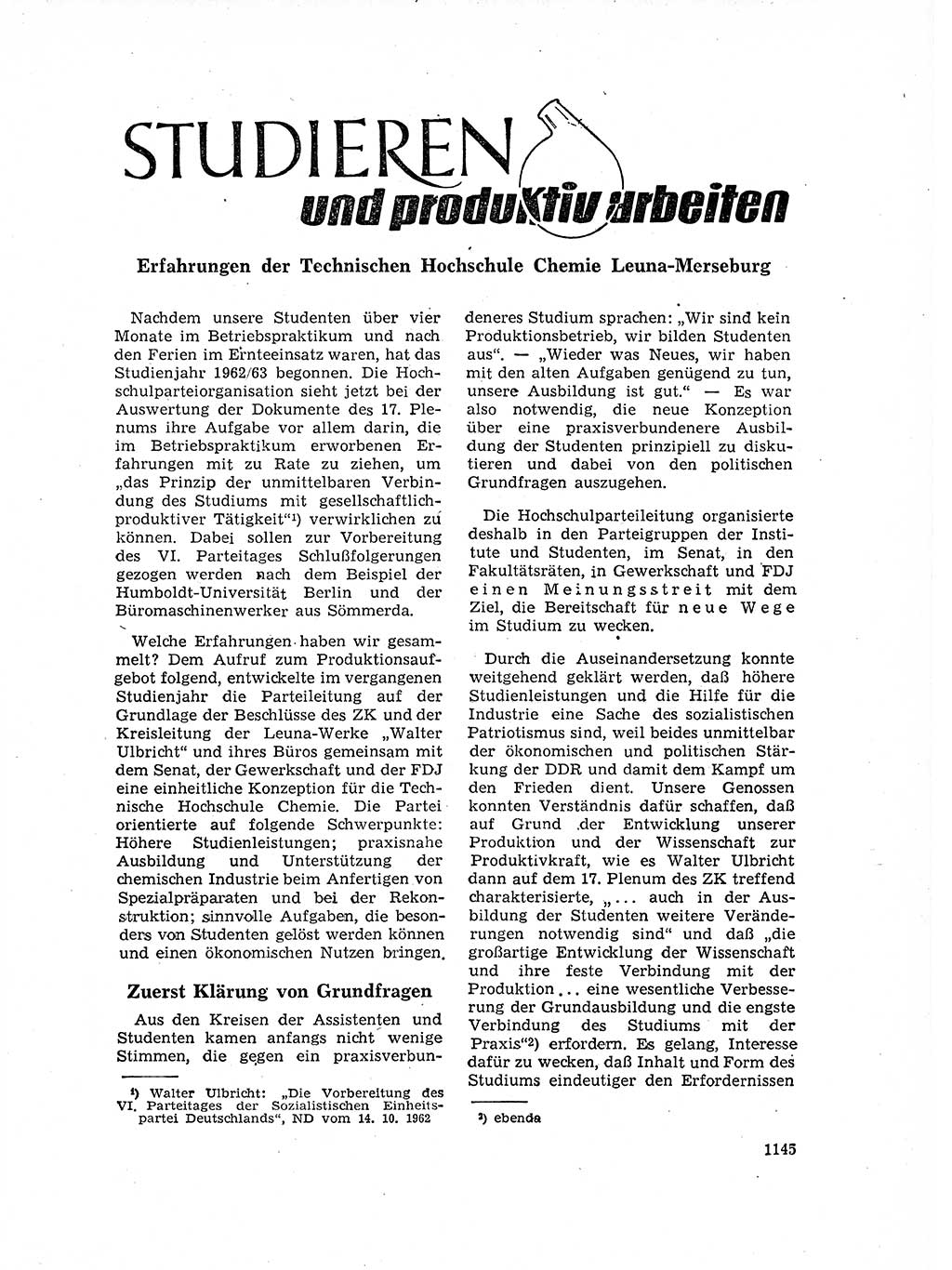 Neuer Weg (NW), Organ des Zentralkomitees (ZK) der SED (Sozialistische Einheitspartei Deutschlands) für Fragen des Parteilebens, 17. Jahrgang [Deutsche Demokratische Republik (DDR)] 1962, Seite 1145 (NW ZK SED DDR 1962, S. 1145)