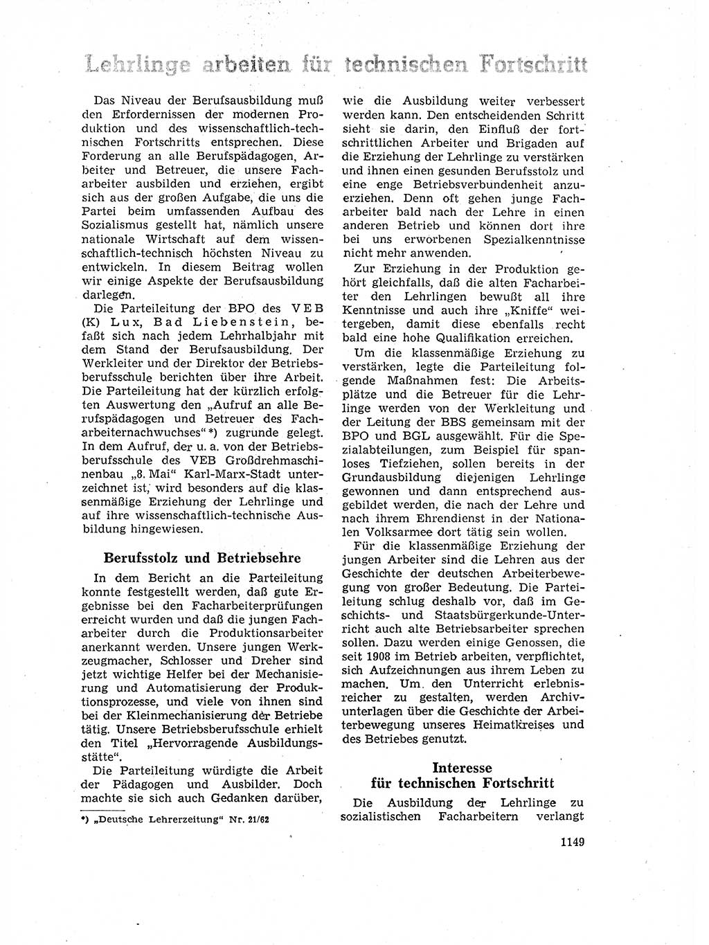 Neuer Weg (NW), Organ des Zentralkomitees (ZK) der SED (Sozialistische Einheitspartei Deutschlands) für Fragen des Parteilebens, 17. Jahrgang [Deutsche Demokratische Republik (DDR)] 1962, Seite 1149 (NW ZK SED DDR 1962, S. 1149)