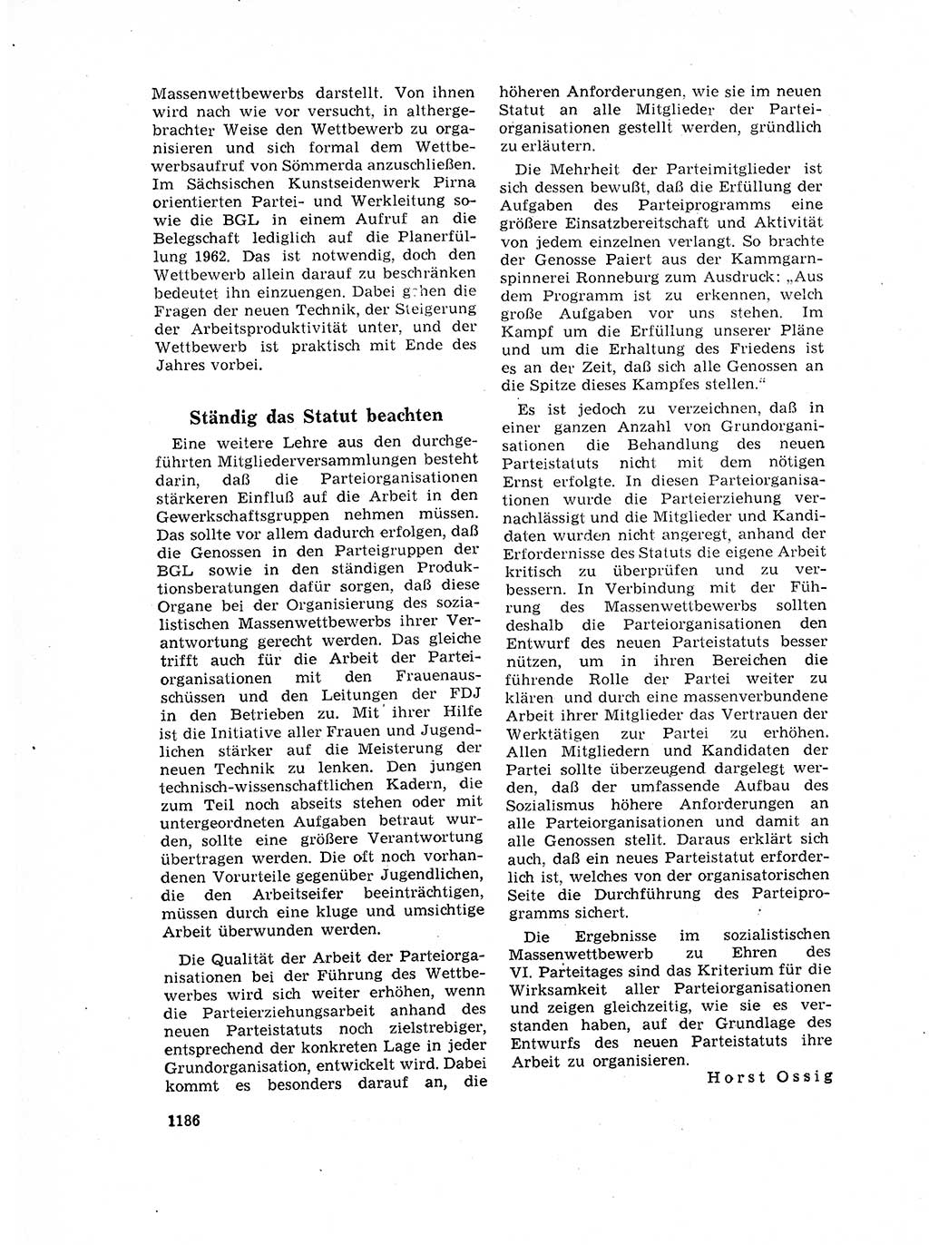 Neuer Weg (NW), Organ des Zentralkomitees (ZK) der SED (Sozialistische Einheitspartei Deutschlands) für Fragen des Parteilebens, 17. Jahrgang [Deutsche Demokratische Republik (DDR)] 1962, Seite 1186 (NW ZK SED DDR 1962, S. 1186)
