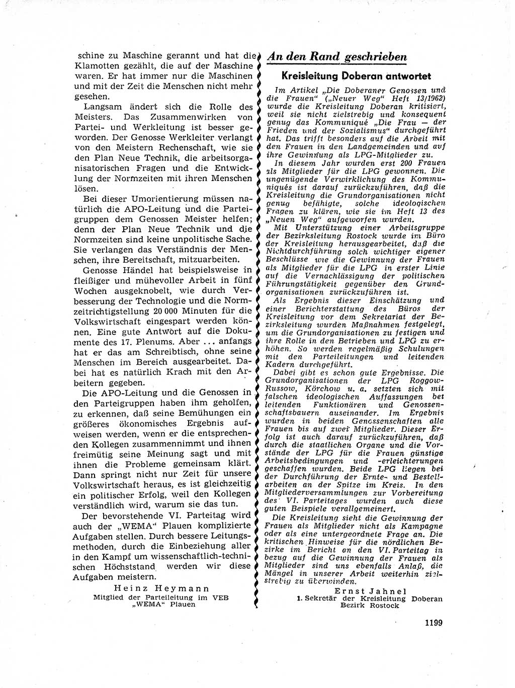 Neuer Weg (NW), Organ des Zentralkomitees (ZK) der SED (Sozialistische Einheitspartei Deutschlands) für Fragen des Parteilebens, 17. Jahrgang [Deutsche Demokratische Republik (DDR)] 1962, Seite 1199 (NW ZK SED DDR 1962, S. 1199)