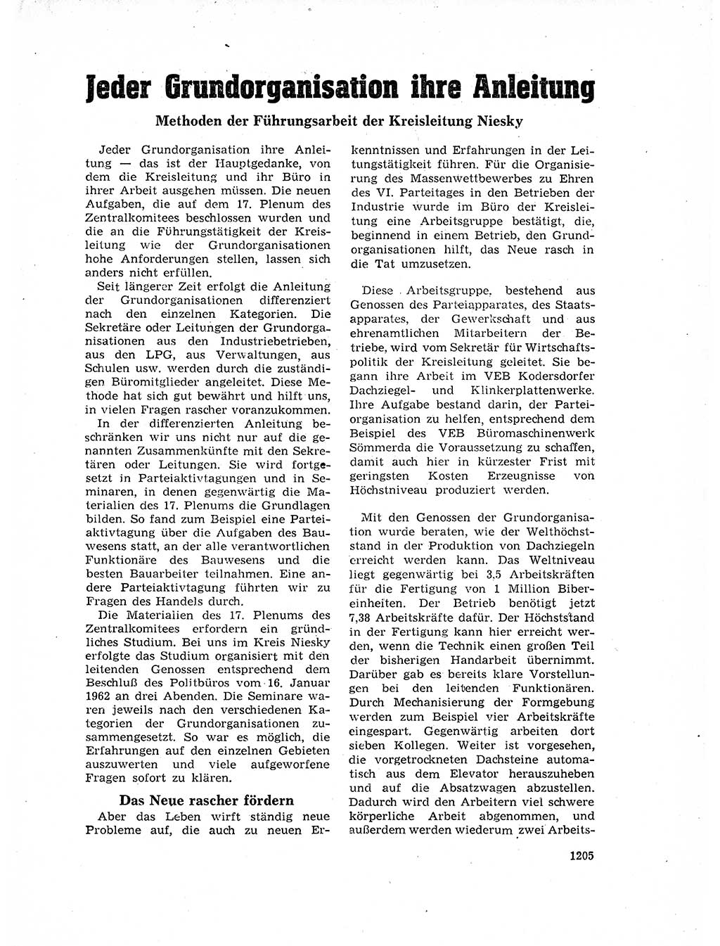 Neuer Weg (NW), Organ des Zentralkomitees (ZK) der SED (Sozialistische Einheitspartei Deutschlands) für Fragen des Parteilebens, 17. Jahrgang [Deutsche Demokratische Republik (DDR)] 1962, Seite 1205 (NW ZK SED DDR 1962, S. 1205)