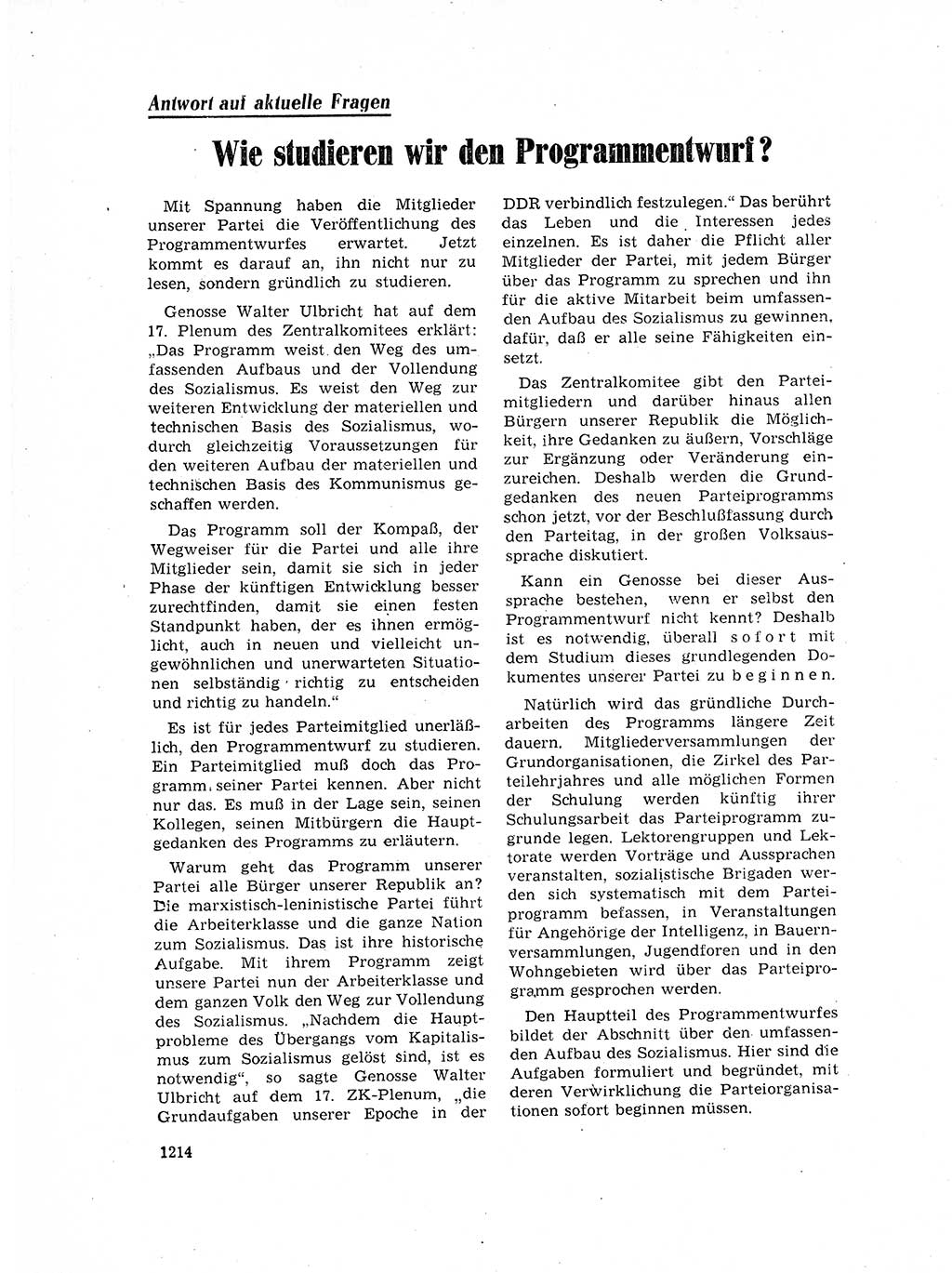 Neuer Weg (NW), Organ des Zentralkomitees (ZK) der SED (Sozialistische Einheitspartei Deutschlands) für Fragen des Parteilebens, 17. Jahrgang [Deutsche Demokratische Republik (DDR)] 1962, Seite 1214 (NW ZK SED DDR 1962, S. 1214)