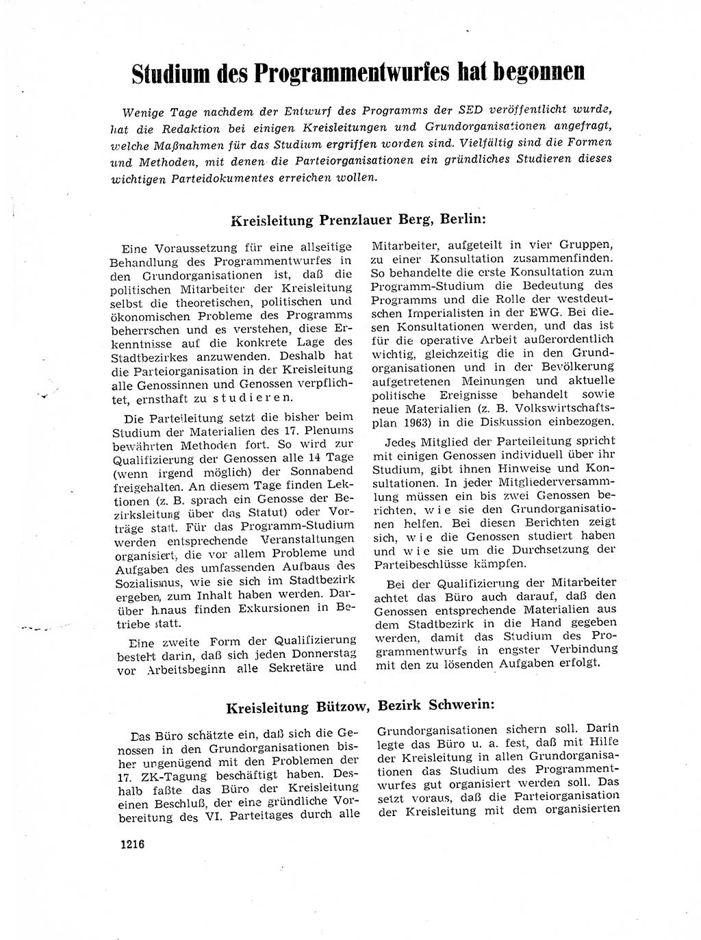 Neuer Weg (NW), Organ des Zentralkomitees (ZK) der SED (Sozialistische Einheitspartei Deutschlands) für Fragen des Parteilebens, 17. Jahrgang [Deutsche Demokratische Republik (DDR)] 1962, Seite 1216 (NW ZK SED DDR 1962, S. 1216)