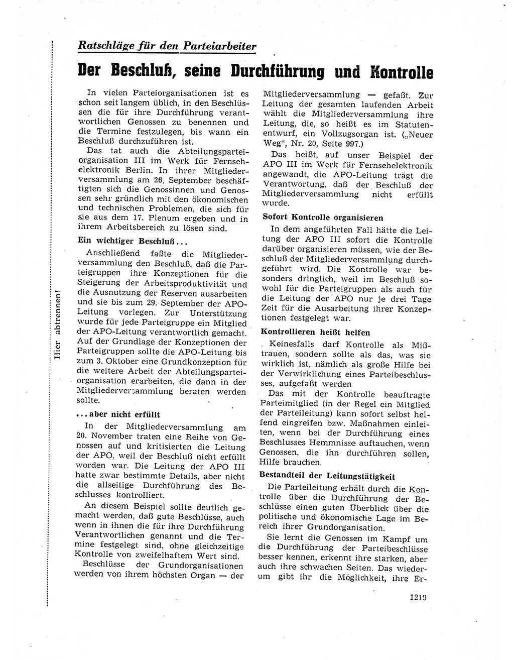 Neuer Weg (NW), Organ des Zentralkomitees (ZK) der SED (Sozialistische Einheitspartei Deutschlands) für Fragen des Parteilebens, 17. Jahrgang [Deutsche Demokratische Republik (DDR)] 1962, Seite 1219 (NW ZK SED DDR 1962, S. 1219)