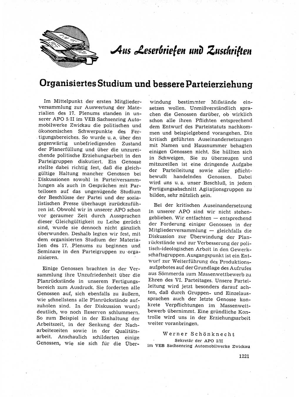 Neuer Weg (NW), Organ des Zentralkomitees (ZK) der SED (Sozialistische Einheitspartei Deutschlands) für Fragen des Parteilebens, 17. Jahrgang [Deutsche Demokratische Republik (DDR)] 1962, Seite 1221 (NW ZK SED DDR 1962, S. 1221)