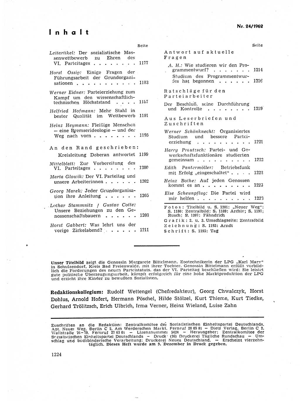 Neuer Weg (NW), Organ des Zentralkomitees (ZK) der SED (Sozialistische Einheitspartei Deutschlands) für Fragen des Parteilebens, 17. Jahrgang [Deutsche Demokratische Republik (DDR)] 1962, Seite 1224 (NW ZK SED DDR 1962, S. 1224)