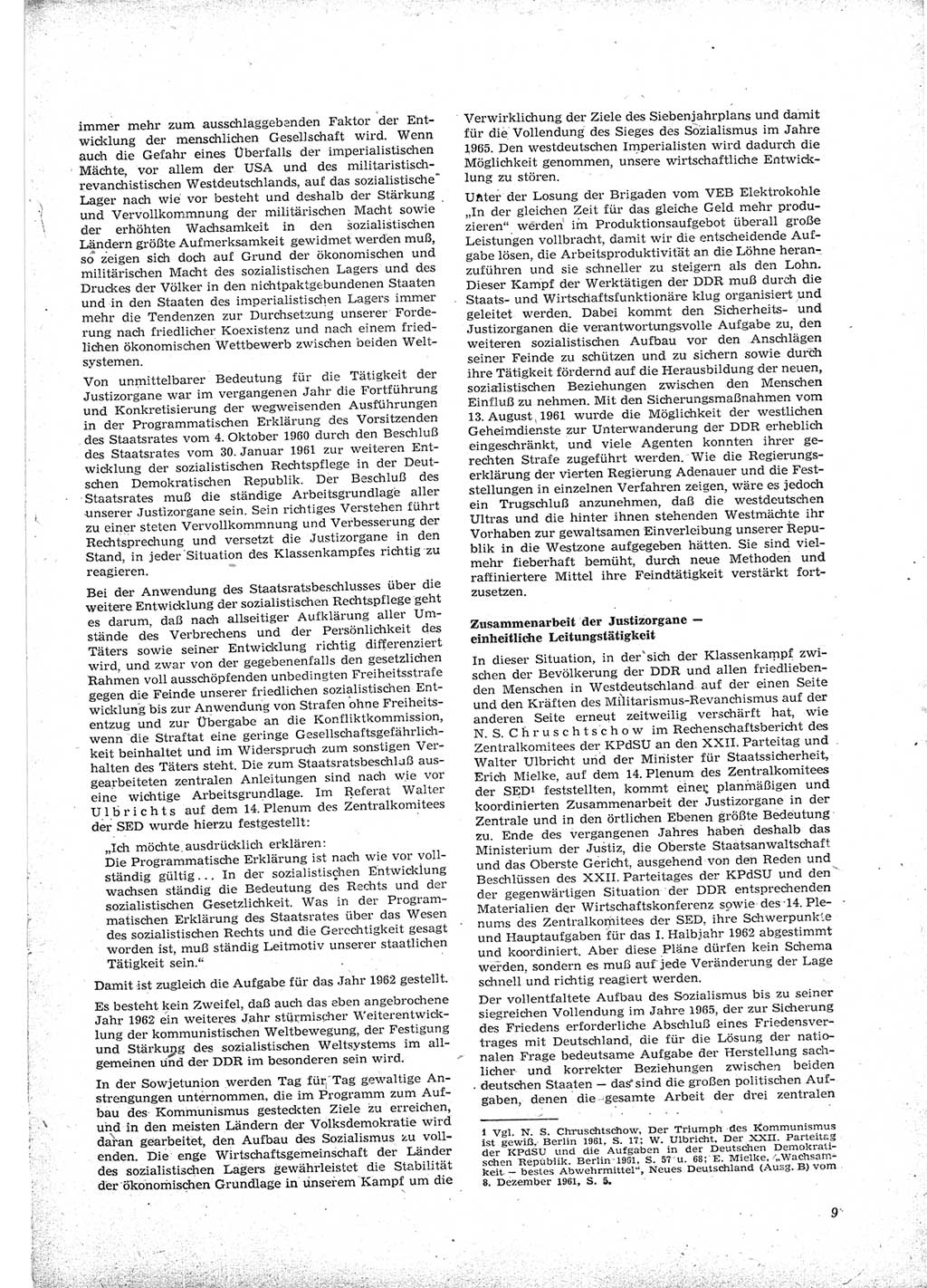 Neue Justiz (NJ), Zeitschrift für Recht und Rechtswissenschaft [Deutsche Demokratische Republik (DDR)], 16. Jahrgang 1962, Seite 9 (NJ DDR 1962, S. 9)