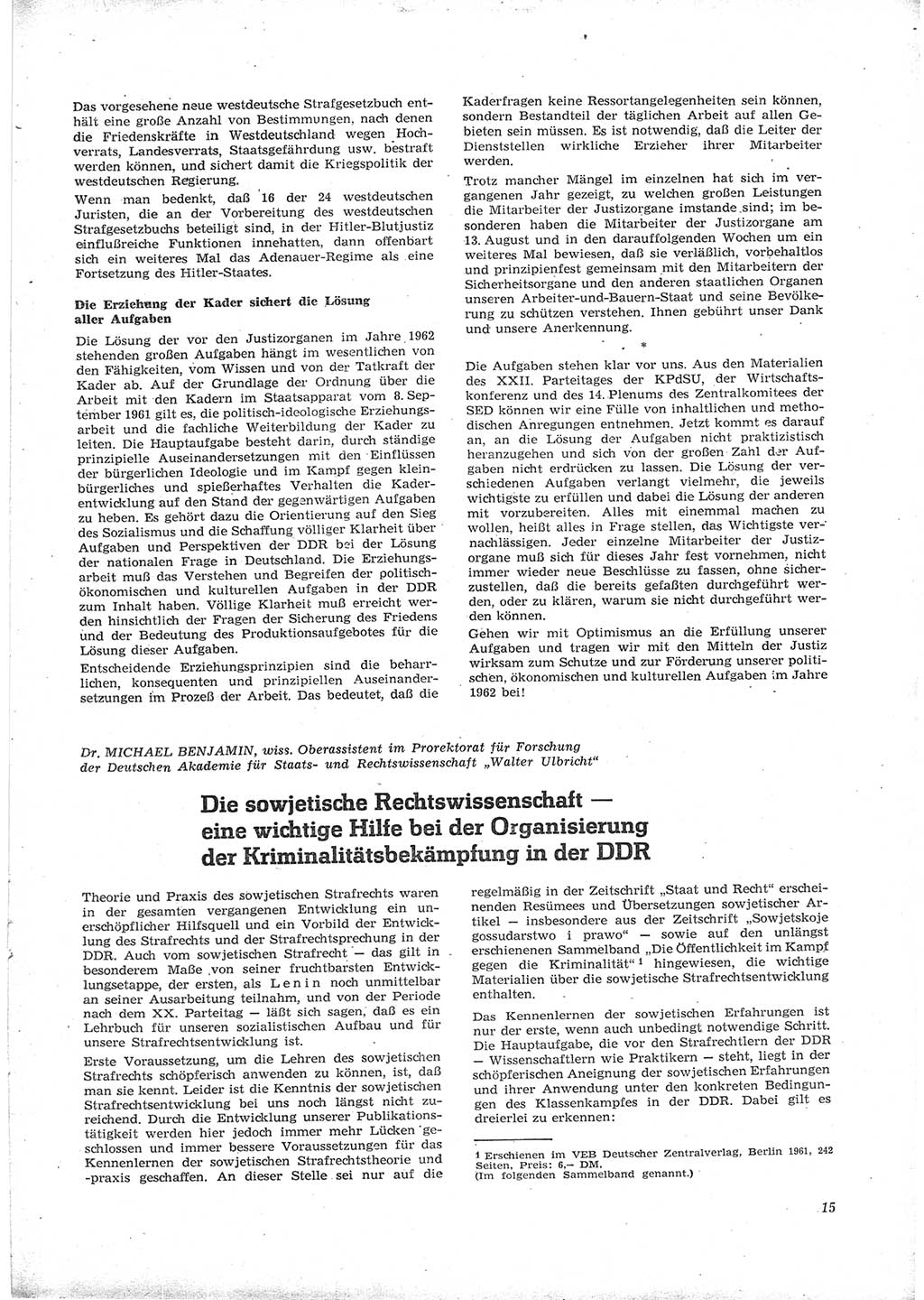 Neue Justiz (NJ), Zeitschrift für Recht und Rechtswissenschaft [Deutsche Demokratische Republik (DDR)], 16. Jahrgang 1962, Seite 15 (NJ DDR 1962, S. 15)