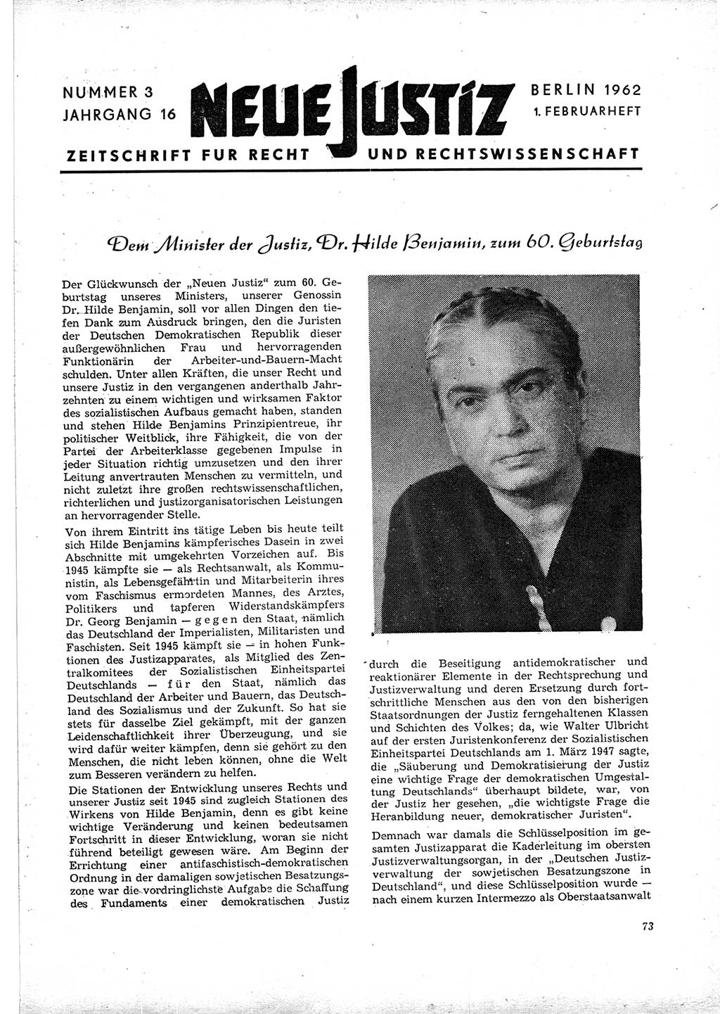 Neue Justiz (NJ), Zeitschrift für Recht und Rechtswissenschaft [Deutsche Demokratische Republik (DDR)], 16. Jahrgang 1962, Seite 73 (NJ DDR 1962, S. 73)