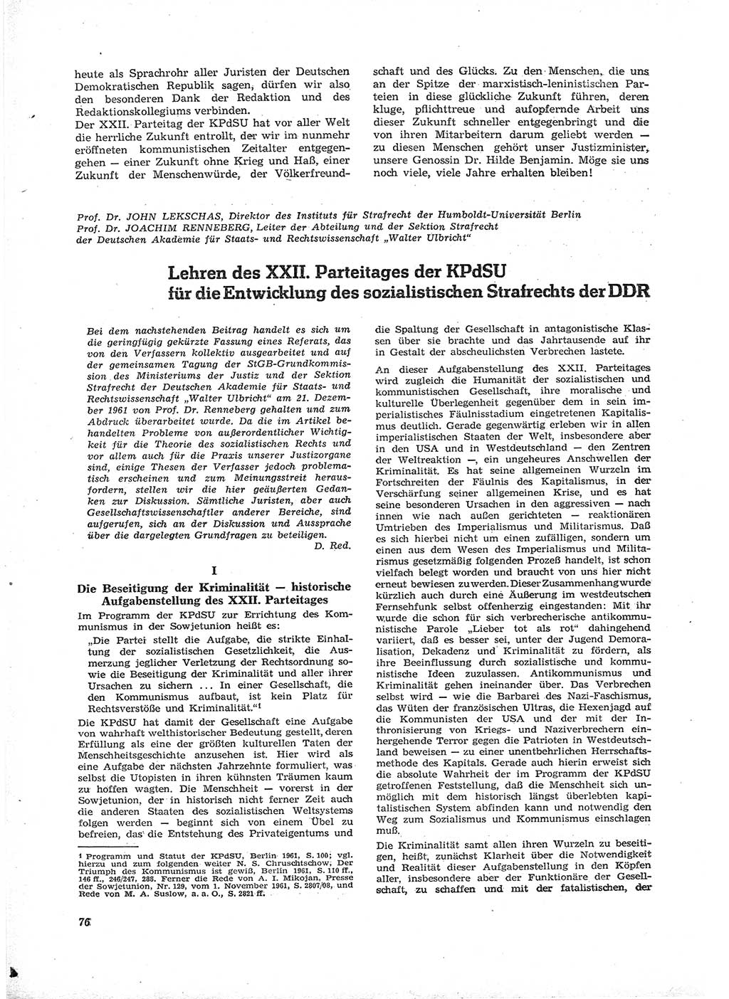 Neue Justiz (NJ), Zeitschrift für Recht und Rechtswissenschaft [Deutsche Demokratische Republik (DDR)], 16. Jahrgang 1962, Seite 76 (NJ DDR 1962, S. 76)