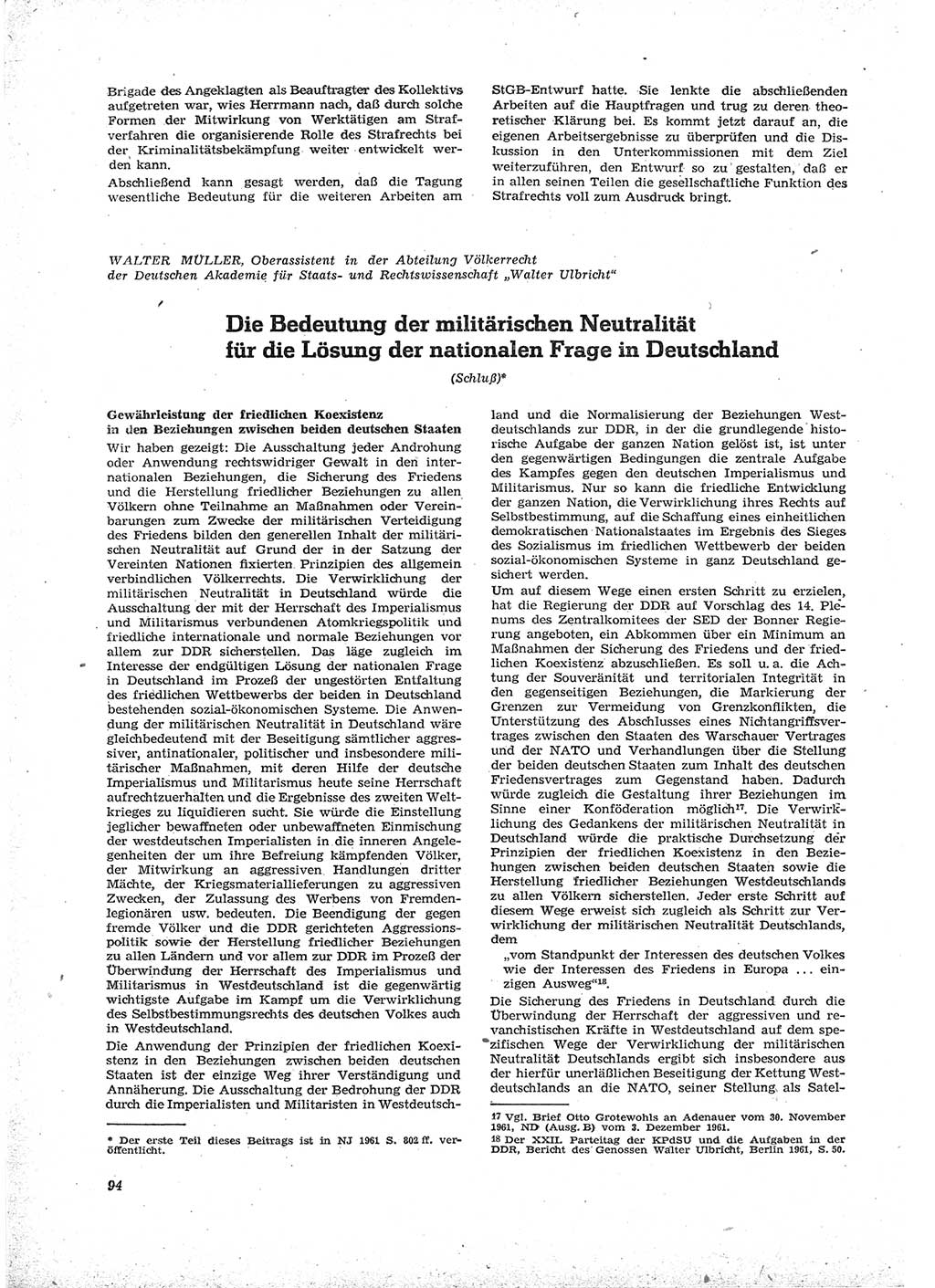 Neue Justiz (NJ), Zeitschrift für Recht und Rechtswissenschaft [Deutsche Demokratische Republik (DDR)], 16. Jahrgang 1962, Seite 94 (NJ DDR 1962, S. 94)