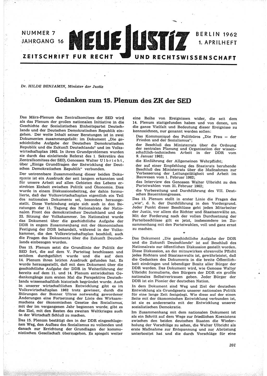 Neue Justiz (NJ), Zeitschrift für Recht und Rechtswissenschaft [Deutsche Demokratische Republik (DDR)], 16. Jahrgang 1962, Seite 201 (NJ DDR 1962, S. 201)