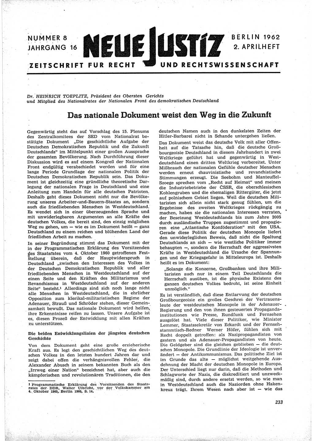 Neue Justiz (NJ), Zeitschrift für Recht und Rechtswissenschaft [Deutsche Demokratische Republik (DDR)], 16. Jahrgang 1962, Seite 233 (NJ DDR 1962, S. 233)