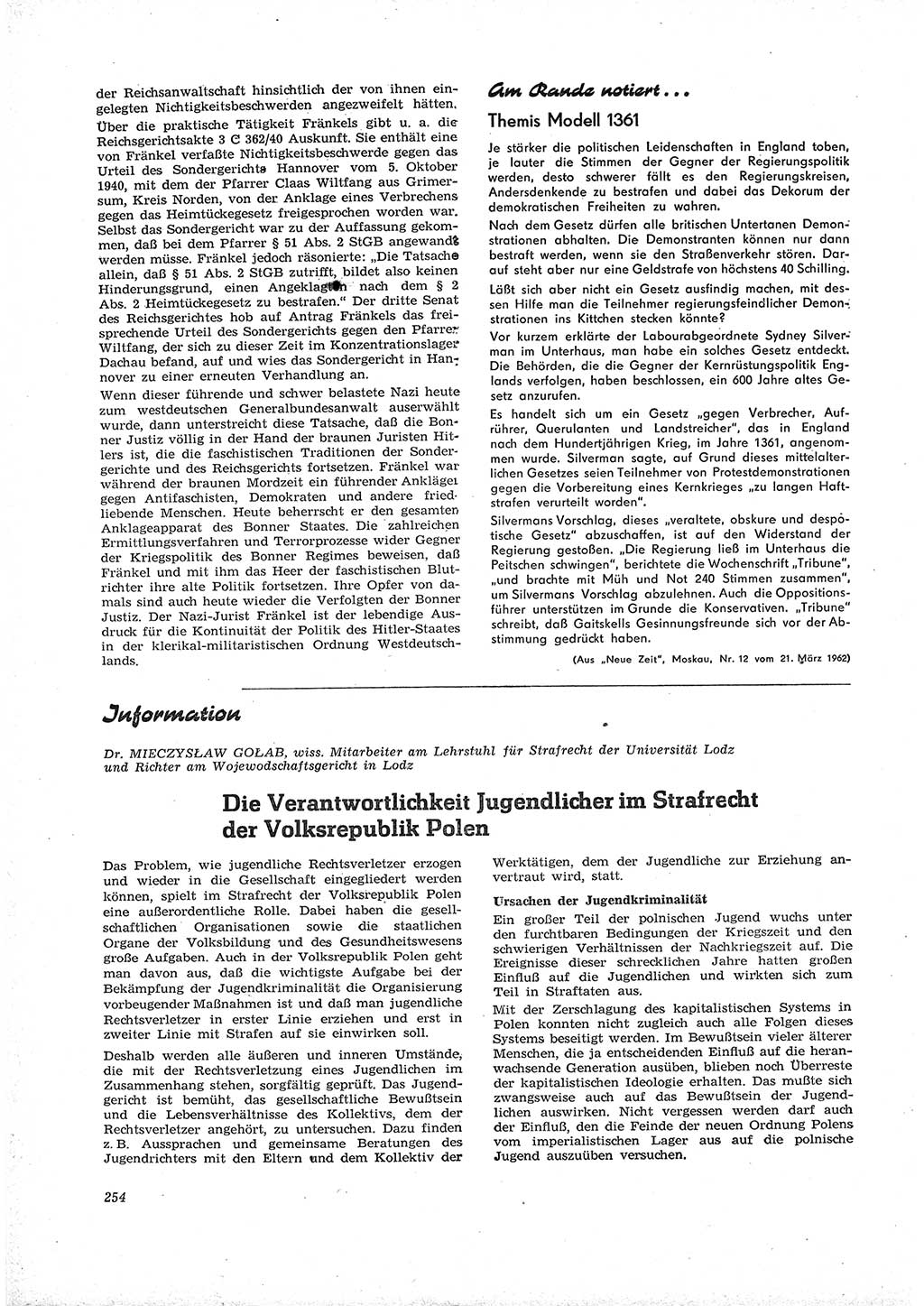 Neue Justiz (NJ), Zeitschrift für Recht und Rechtswissenschaft [Deutsche Demokratische Republik (DDR)], 16. Jahrgang 1962, Seite 254 (NJ DDR 1962, S. 254)