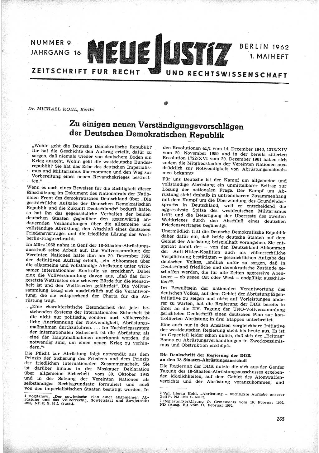 Neue Justiz (NJ), Zeitschrift für Recht und Rechtswissenschaft [Deutsche Demokratische Republik (DDR)], 16. Jahrgang 1962, Seite 265 (NJ DDR 1962, S. 265)