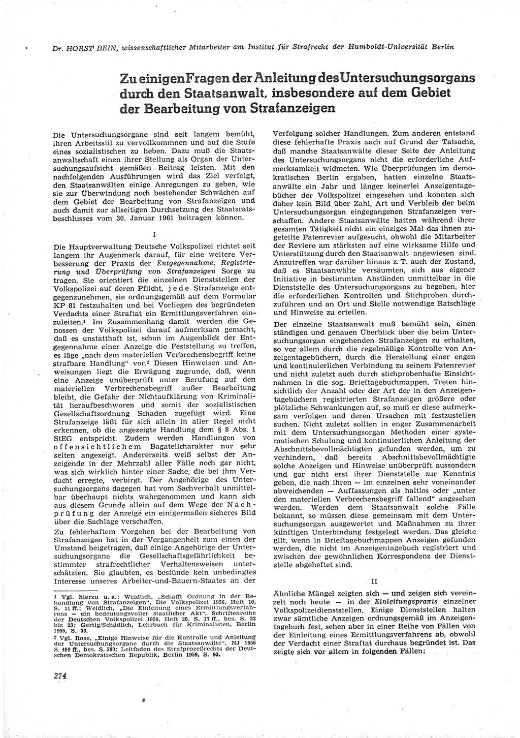 Neue Justiz (NJ), Zeitschrift für Recht und Rechtswissenschaft [Deutsche Demokratische Republik (DDR)], 16. Jahrgang 1962, Seite 274 (NJ DDR 1962, S. 274)