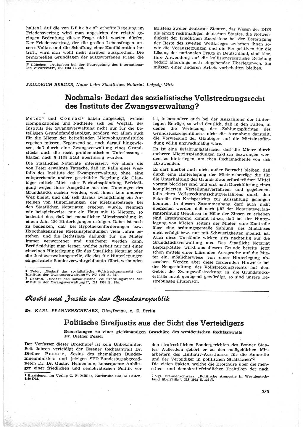 Neue Justiz (NJ), Zeitschrift für Recht und Rechtswissenschaft [Deutsche Demokratische Republik (DDR)], 16. Jahrgang 1962, Seite 285 (NJ DDR 1962, S. 285)