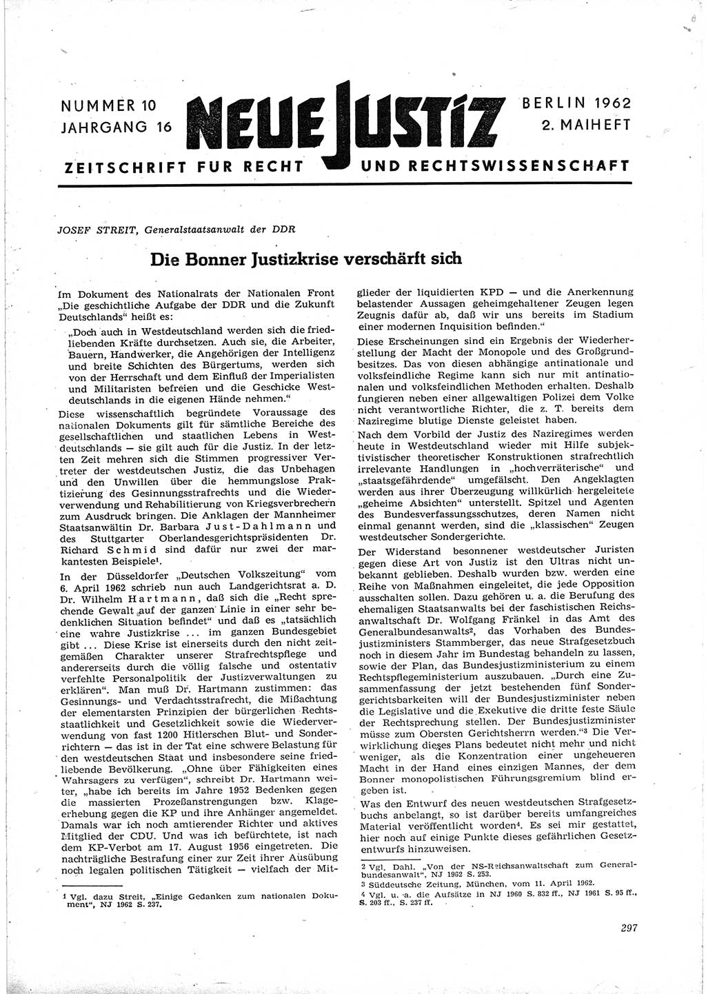 Neue Justiz (NJ), Zeitschrift für Recht und Rechtswissenschaft [Deutsche Demokratische Republik (DDR)], 16. Jahrgang 1962, Seite 297 (NJ DDR 1962, S. 297)