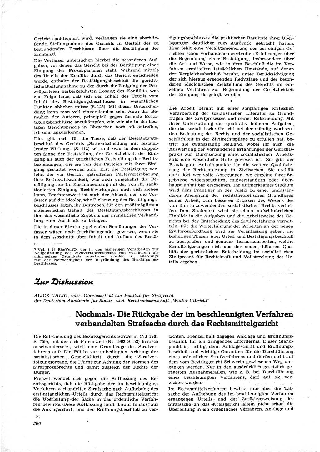 Neue Justiz (NJ), Zeitschrift für Recht und Rechtswissenschaft [Deutsche Demokratische Republik (DDR)], 16. Jahrgang 1962, Seite 306 (NJ DDR 1962, S. 306)
