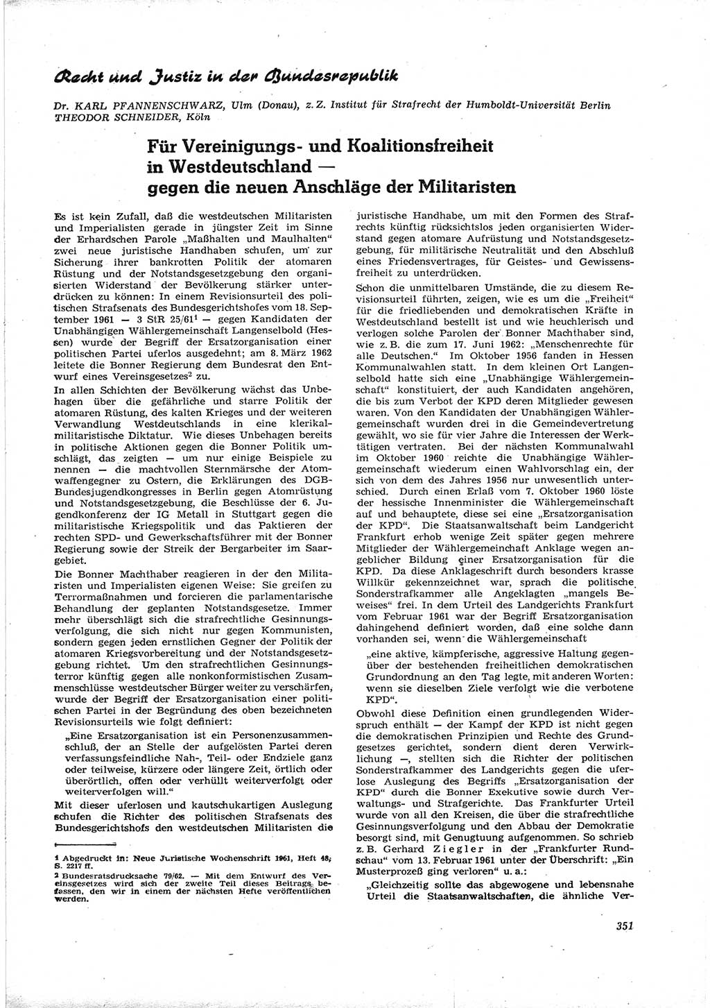 Neue Justiz (NJ), Zeitschrift für Recht und Rechtswissenschaft [Deutsche Demokratische Republik (DDR)], 16. Jahrgang 1962, Seite 351 (NJ DDR 1962, S. 351)