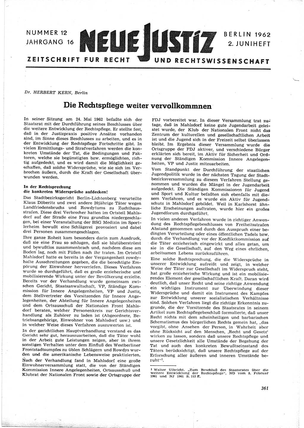 Neue Justiz (NJ), Zeitschrift für Recht und Rechtswissenschaft [Deutsche Demokratische Republik (DDR)], 16. Jahrgang 1962, Seite 361 (NJ DDR 1962, S. 361)